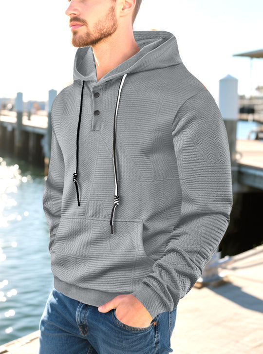 Herren nan geometrischer Struktur-Kapuzenpullover mit Henley-Blende und Kängurutasche EB