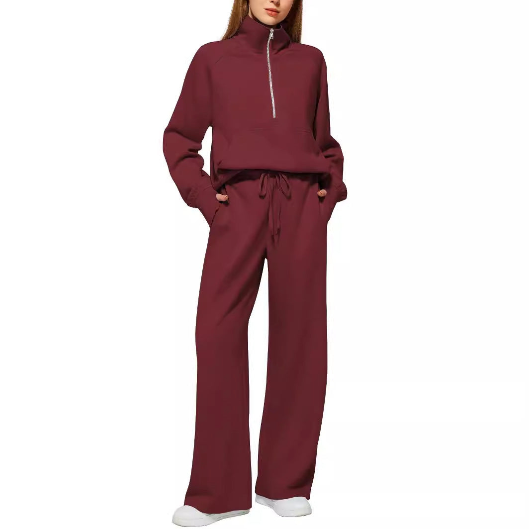 Damen nan halbzip Lounge-Set mit hohem Stehkragen, Kängurutasche und weiten Highwaist-Jogginghose EB
