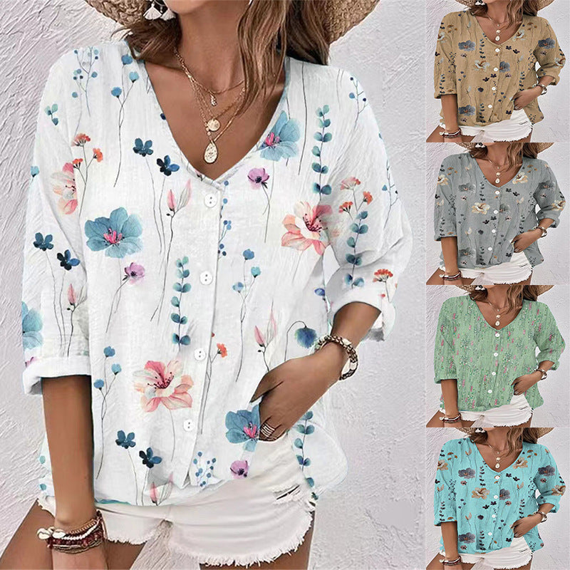 Damen lässige Bluse mit floralem Design und modernen Knopfdetails EB
