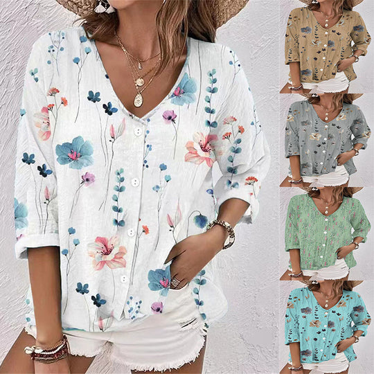 Damen lässige Bluse mit floralem Design und modernen Knopfdetails EB