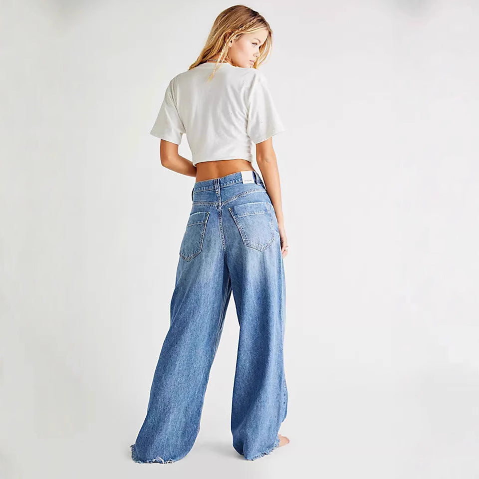 Damen Weite Denim-Hose mit fransigem Saum und hohen Schnitt EB