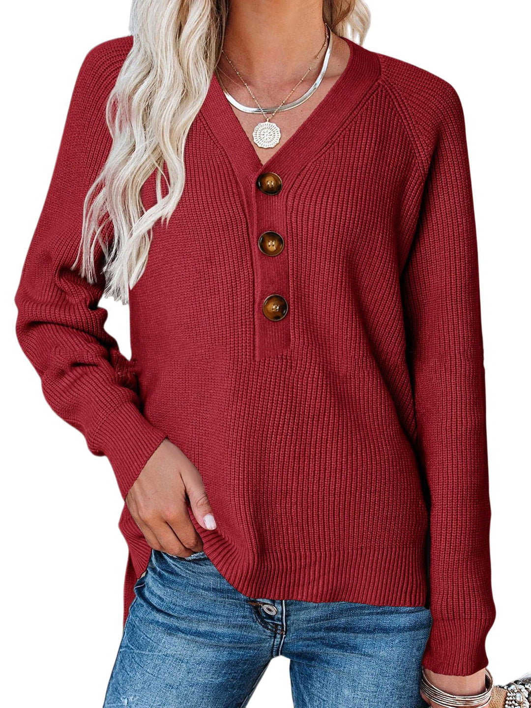 Damen Strickpullover mit Knopfdetails und tiefem V-Ausschnitt EB