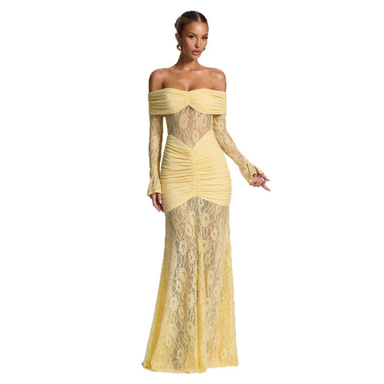 Damen elegantes Spitzenkleid mit Off-Shoulder-Ausschnitt und Raffungen EB