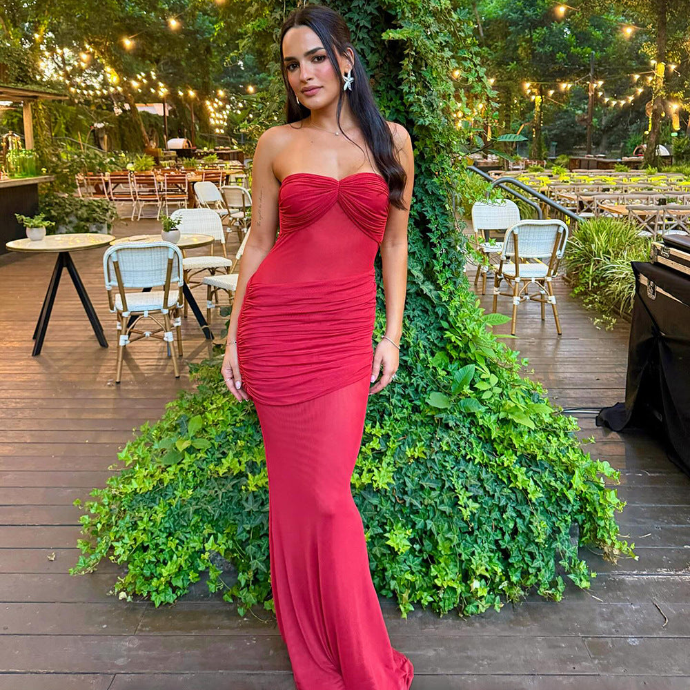 Damen Elegantes trägerloses Maxikleid mit raffiniertem Drapé und transparenten Einsätzen EB