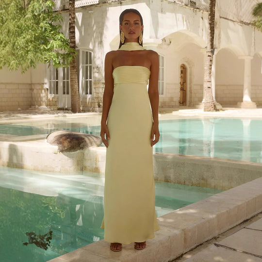 Damen Elegantes Maxikleid mit schulterfreiem Design und schmalem Oberteil EB
