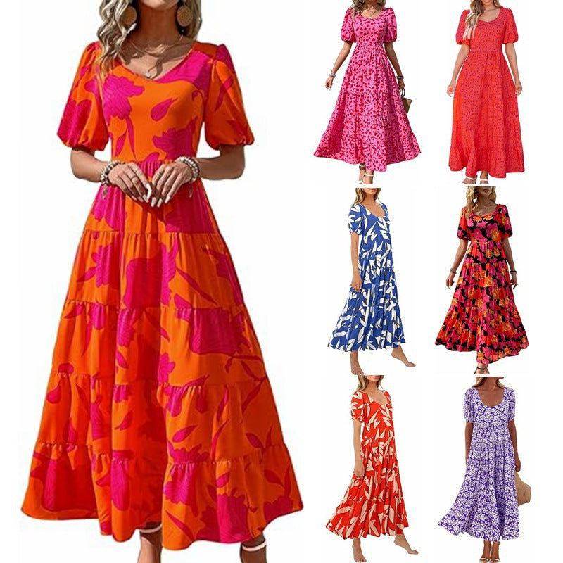 Damen Midi-Kleid mit floralem Druck und voluminösen Ärmeln EB