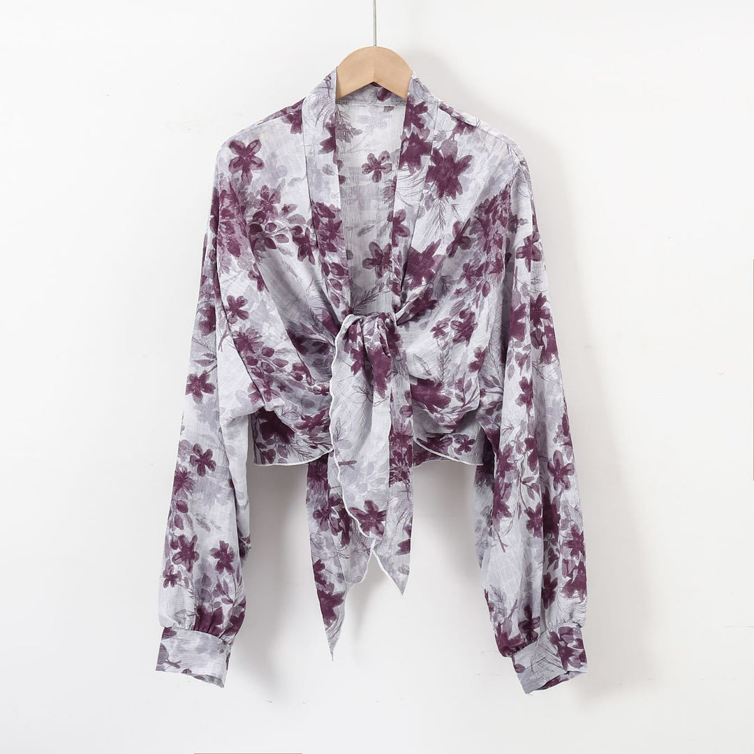 Damen nan florale Knoten-Bluse im Wickelstil mit Ballonärmeln und leichter Leinenoptik EB