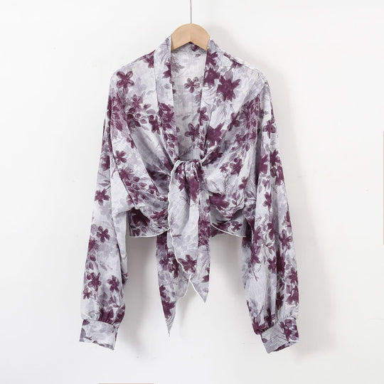 Damen nan florale Knoten-Bluse im Wickelstil mit Ballonärmeln und leichter Leinenoptik EB