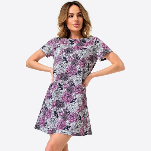 Damen lässiges Blumen-Minikleid aus atmungsaktiver Baumwolle mit Rundhalsausschnitt EB
