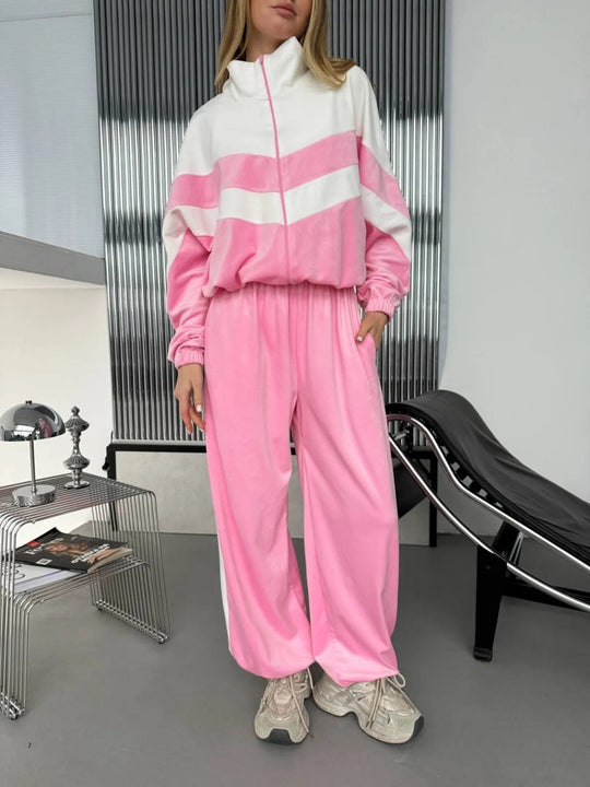 Damen Retro-inspiriertes Samt-Trackset mit Chevron-Design, Stehkragen und weiter High-Waist-Jogger Eichborn Berlin