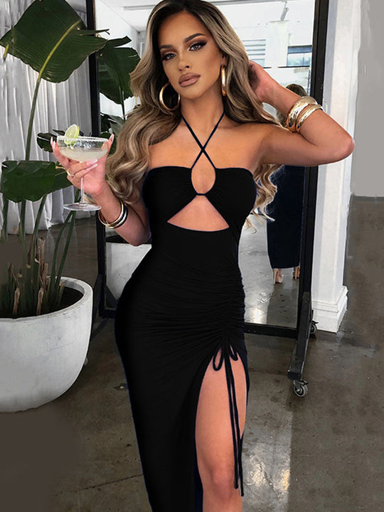 Damen Cut-Out Maxikleid mit raffiniertem Wickeldetail und verführerischem Schlitz EB