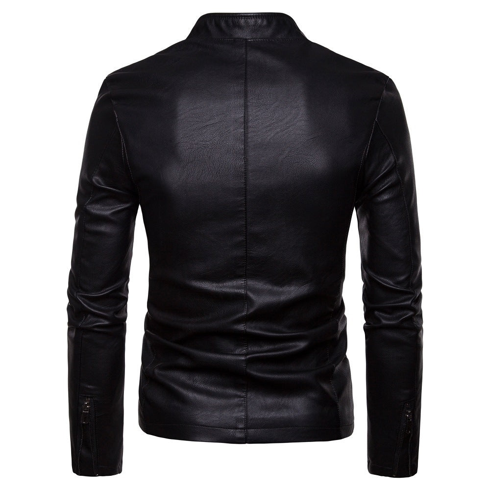 Herren nan schmal geschnittene Lammleder-Bikerjacke mit Stehkragen und tonalen Ziernähten EB