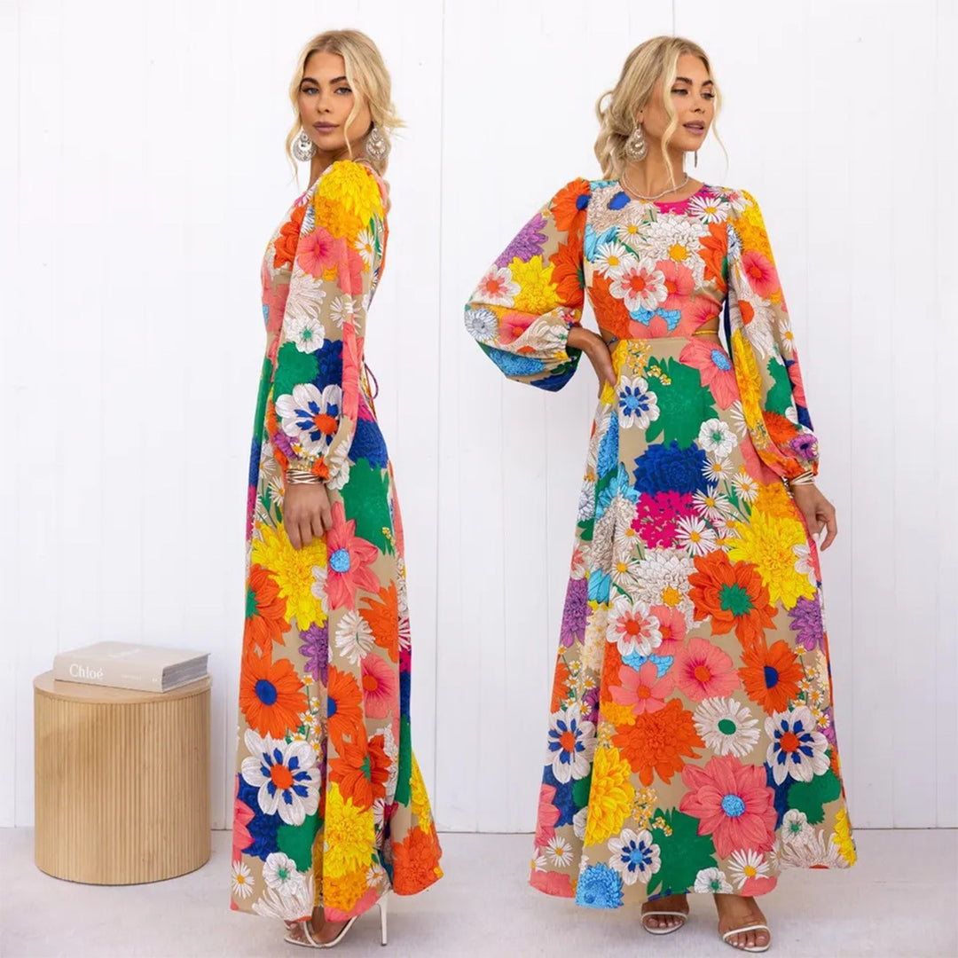 Damen Blumenmaxikleid mit voluminösen Ärmeln und floralem Allover-Print EB