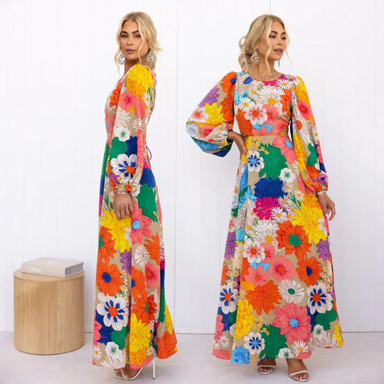 Damen Blumenmaxikleid mit voluminösen Ärmeln und floralem Allover-Print EB