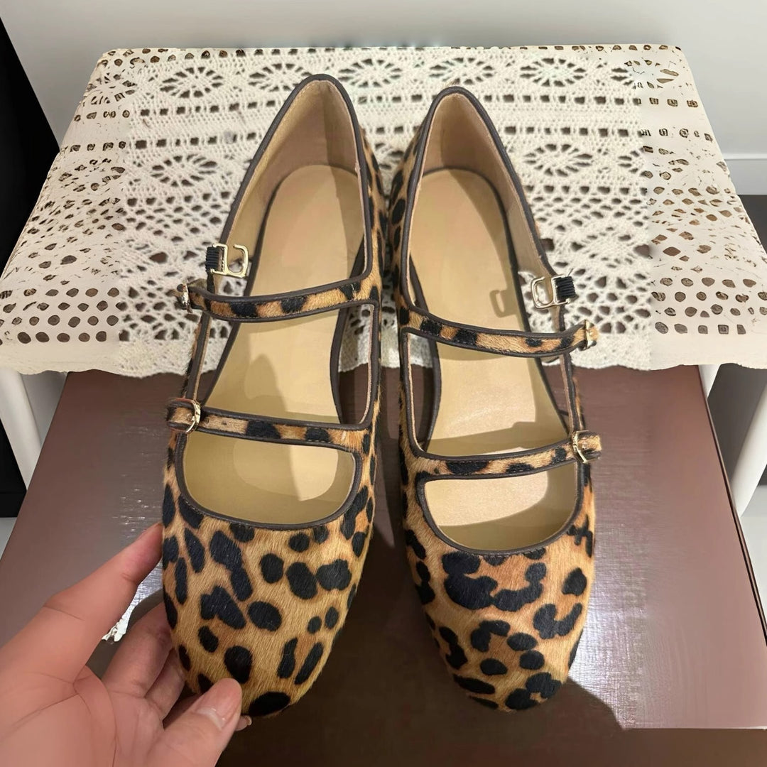 Damen Ballerina mit modischem Leopardenmuster und zweifachem Riemendesign EB