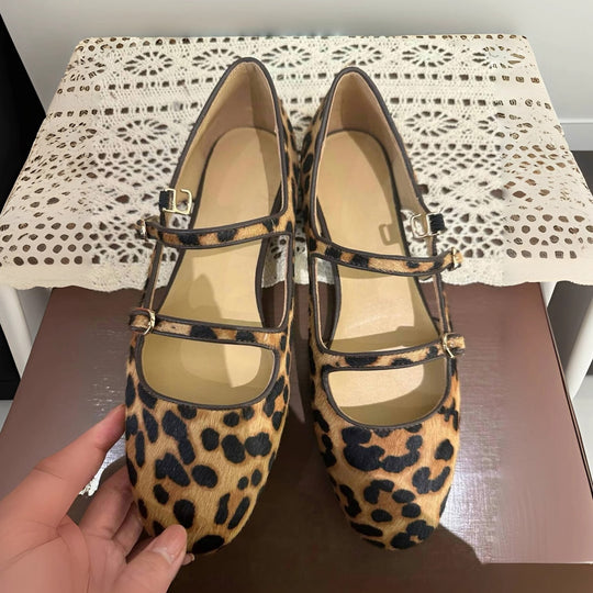 Damen Ballerina mit modischem Leopardenmuster und zweifachem Riemendesign EB
