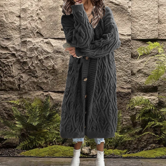 Damen Grobstrick-Kimono mit angesagtem Zopfmuster und praktischen Taschen EB