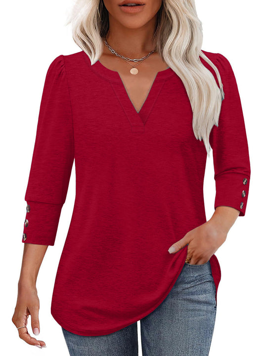 Damen V-Ausschnitt Bluse mit dekorativen Knopfdetails EB