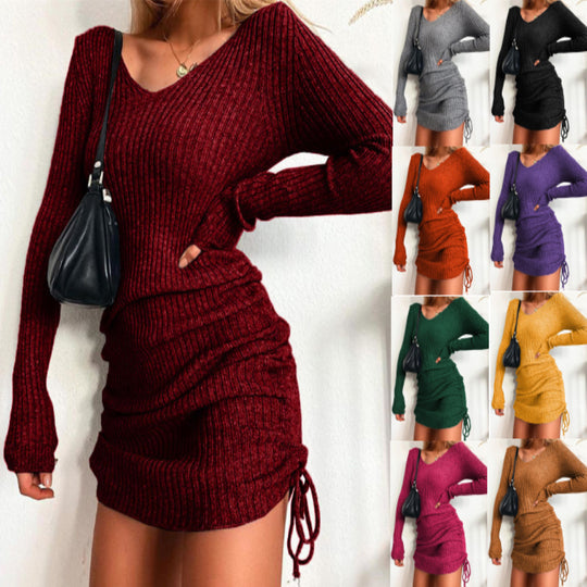 Damen Strick Mini-Kleid mit Raffung und V-Ausschnitt EB