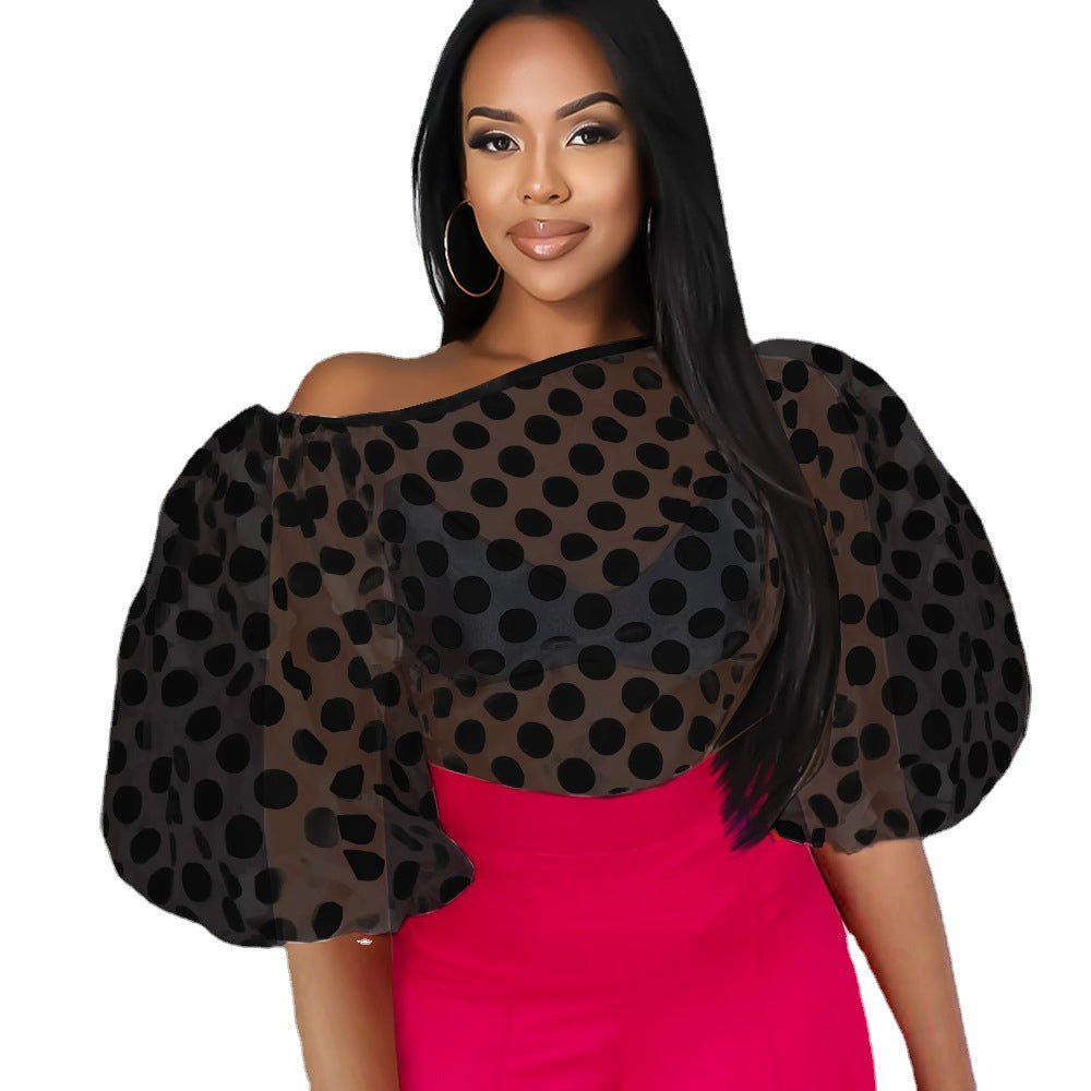 Damen Verspielte Bluse mit transparentem Polka-Punkten Design und Puffärmeln EB