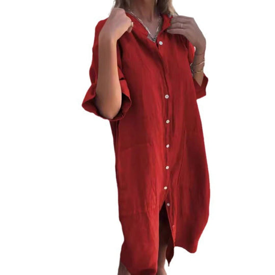 EB | Lässiges Baumwoll-Leinen Shirtkleid mit Dreiviertelärmeln