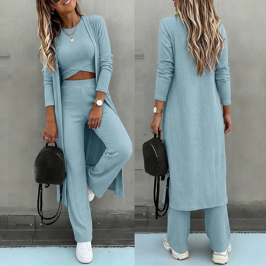 Damen Dreiteiliges Rippstrick-Loungewear-Set mit Longcardigan, bauchfreiem Top und weiter Palazzohose EB