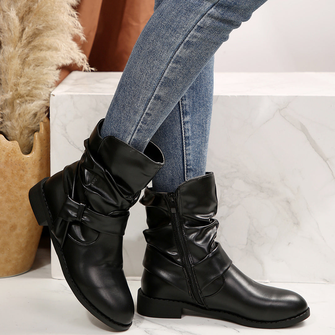 Damen Stiefeletten mit modischem Falten-Design und dekorativem Schleifenverschluss EB