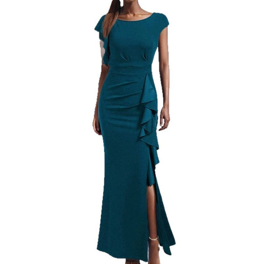 Damen elegantes Maxikleid mit Rüschendetails und seitlichem Schlitz EB