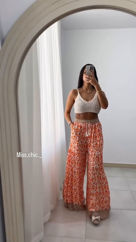 Damen weite Baumwollhose mit eingezogenem Gummibund und modernen Mustern EB