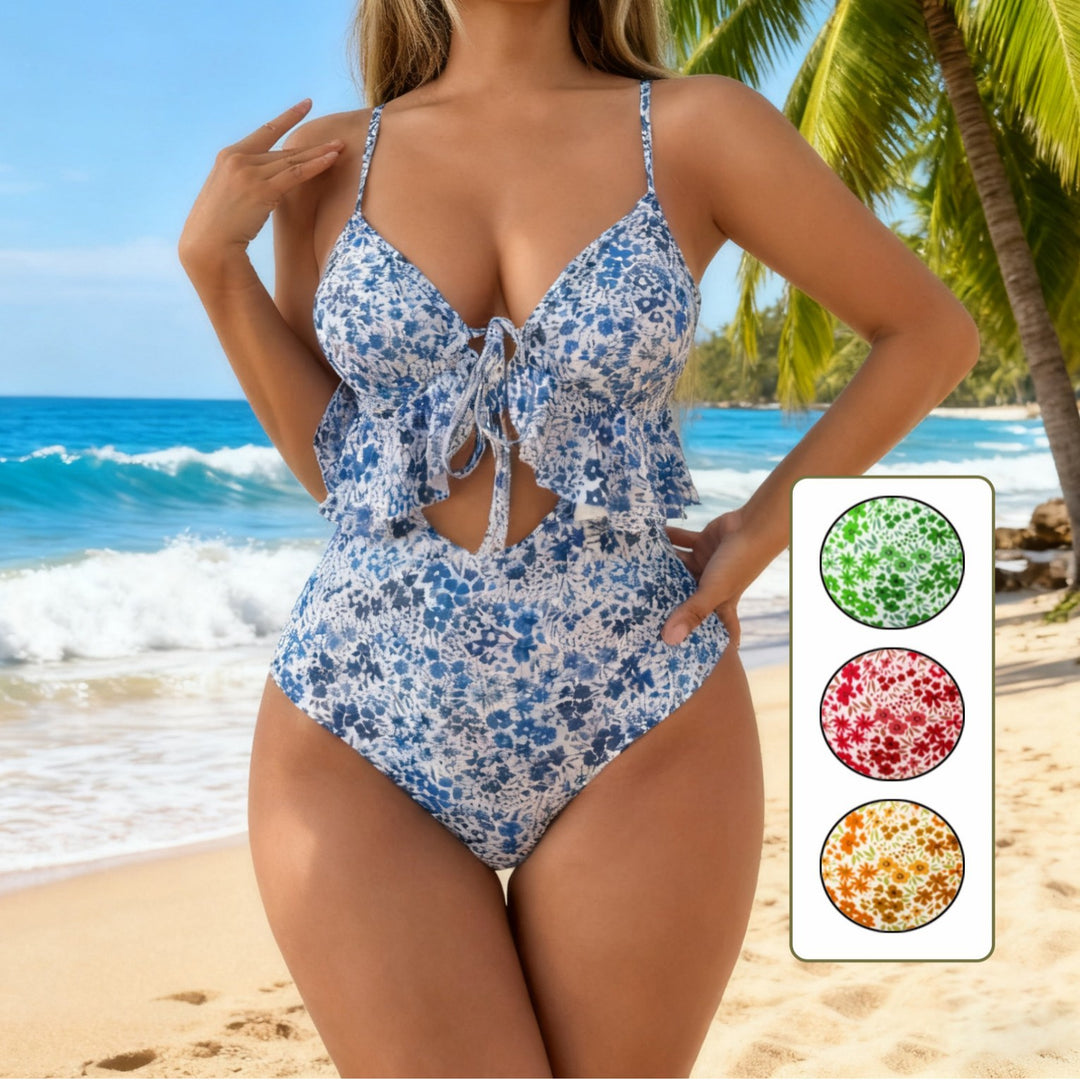 Damen Eleganter zweifarbiger Badeanzug mit Rüschendetail EB
