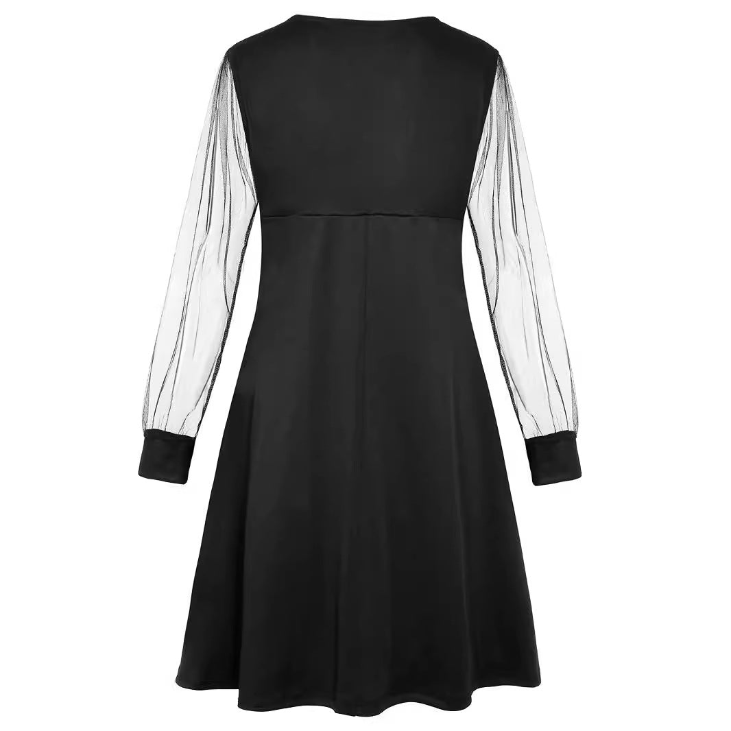 Damen nan elegant tailliertes A-Linien-Kleid mit transparenten Mesh-Ärmeln EB