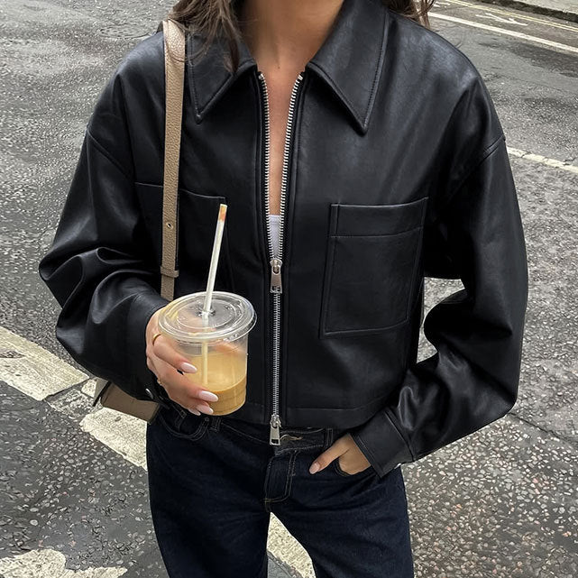 Damen Modische Cropped Kunstlederjacke mit Reißverschluss und Taschen EB