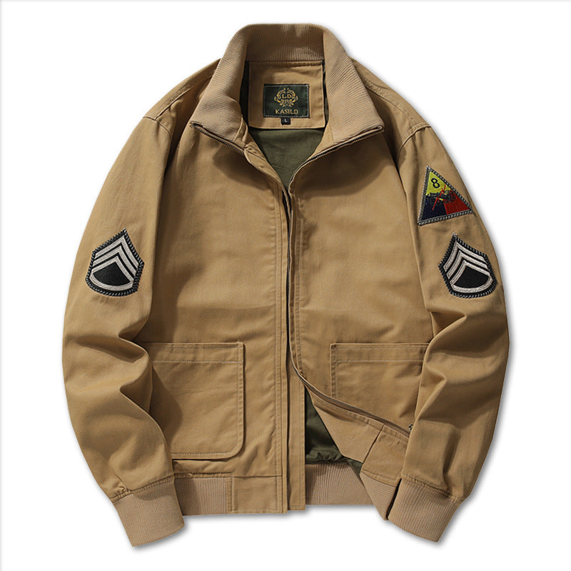 Herren Baumwoll-Canvas-Bomberjacke mit gestickten Patches und Stehkragen EB