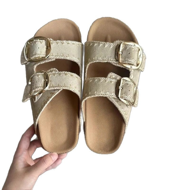 Damen Comfort-Sandalen mit zweifachen verstellbaren Riemen, gepolstertem anatomischem Fußbett und goldener Metallschnalle EB