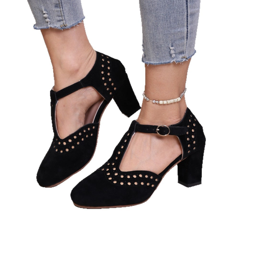 Damen Elegante Pumps mit perforierten Details und komfortablem Blockabsatz EB