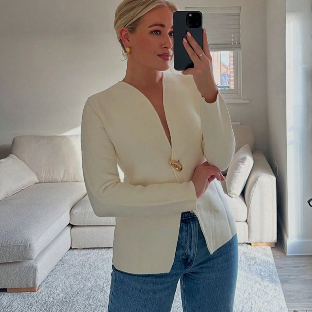 Damen elegante Blazerjacke mit asymmetrischem Schnitt und auffälligem Knopf EB