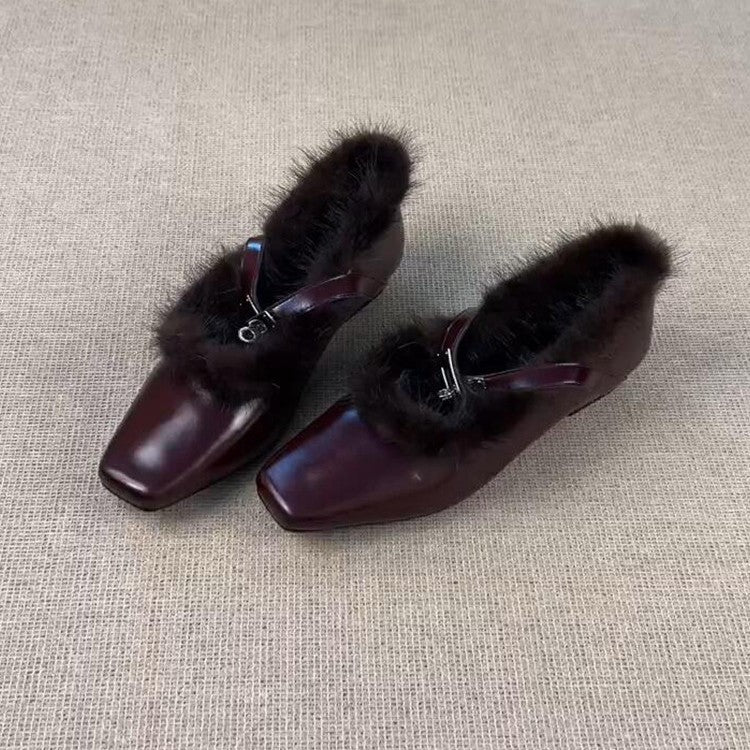 Damen elegante Pantoletten mit luxuriösem Fellbesatz EB