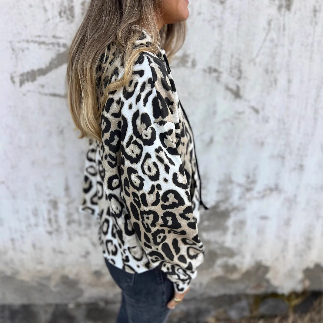 Damen Kapuzenpullover mit lässigem Leopardenmuster und praktischen Seitentaschen EB