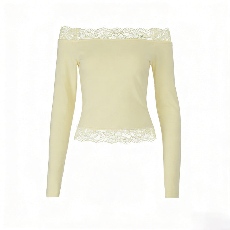 Damen elegantes Off-Shoulder Shirt mit Spitzenbesatz EB