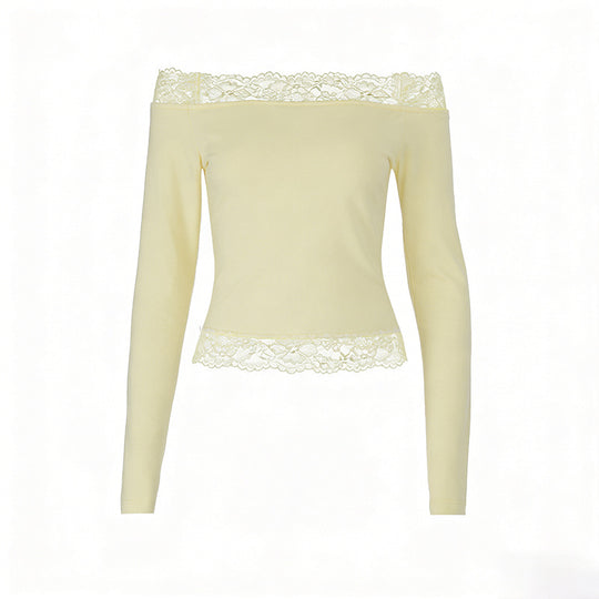 Damen elegantes Off-Shoulder Shirt mit Spitzenbesatz EB