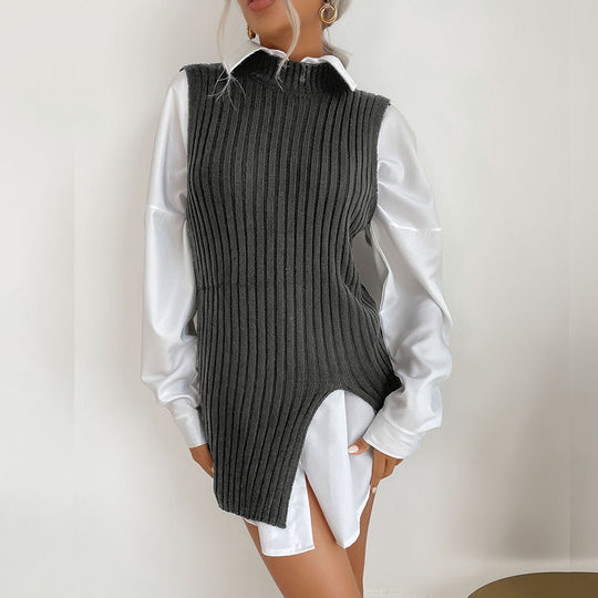 Damen Strickkleid mit Taillengürtel und seitlichen Schlitzen EB
