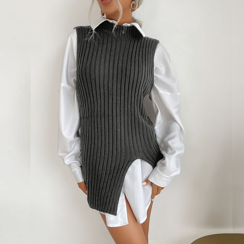 Damen Strickkleid mit Taillengürtel und seitlichen Schlitzen EB