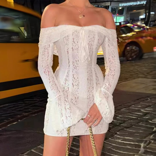 Damen Spitzenoberteil mit Off-Shoulder Design und langen Ärmeln EB