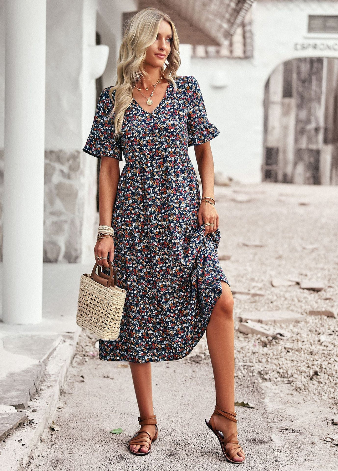 Damen Midi-Kleid mit Floralem Muster und Verspieltem V-Ausschnitt EB