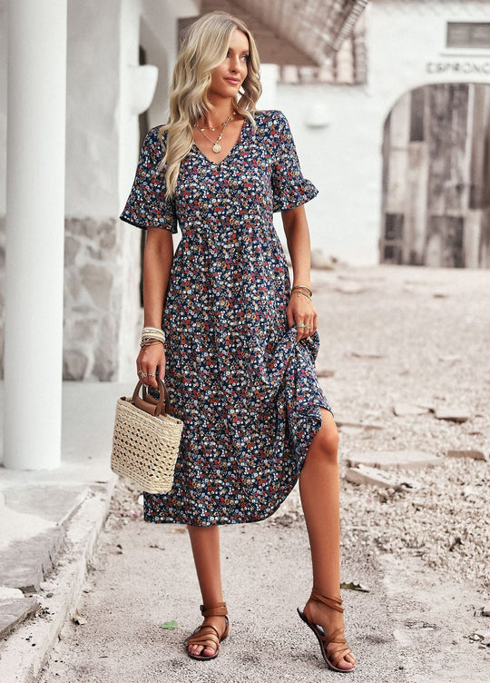 Damen Midi-Kleid mit Floralem Muster und Verspieltem V-Ausschnitt EB