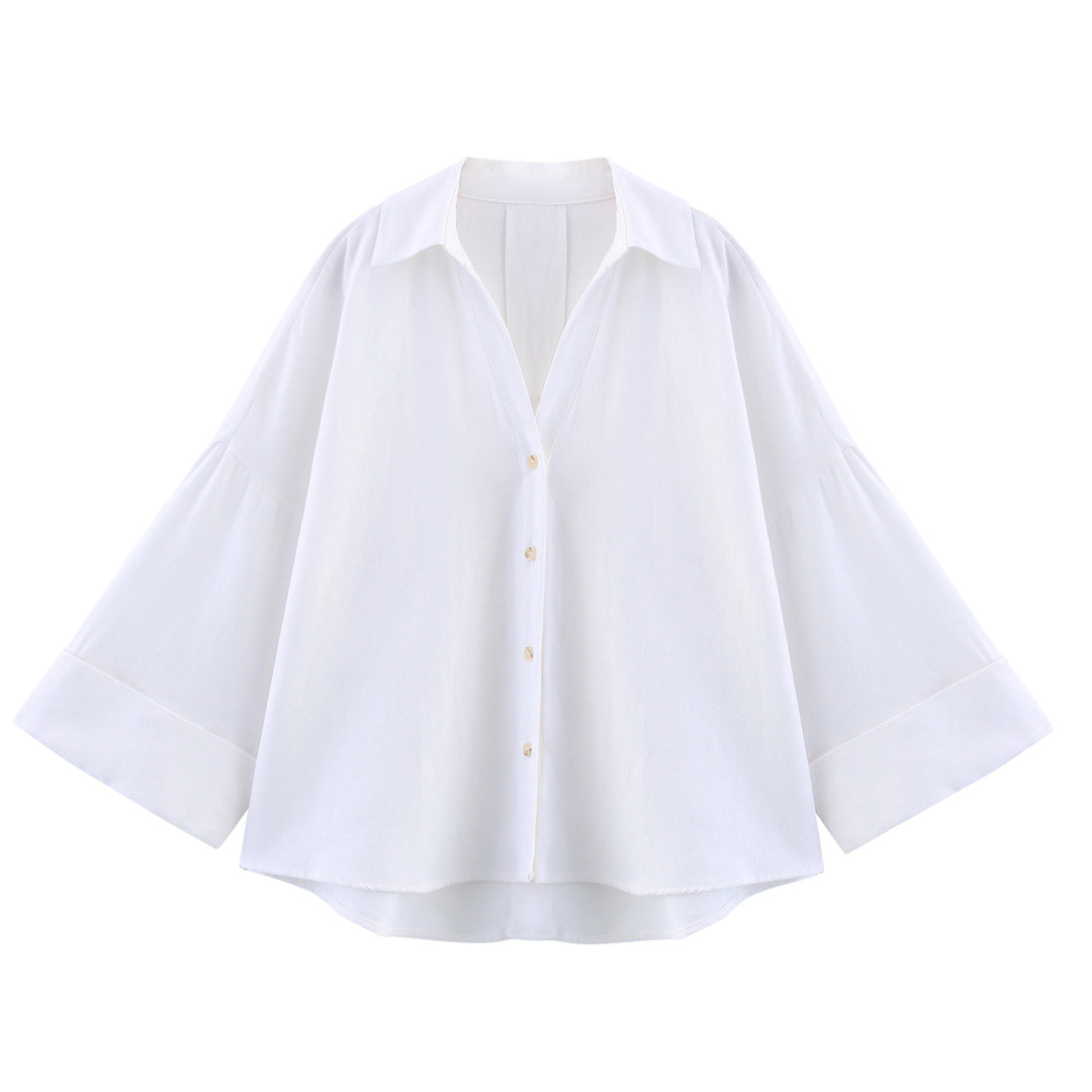 Damen nan oversized Streifen-Hemdbluse mit überschnittener Schulter, 3/4-Ärmel und verlängertem Rückensaum EB