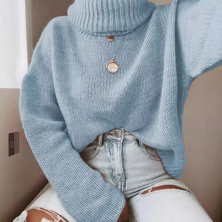 Damen Strickpullover mit hohem Kragen und lässigem Schnitt EB
