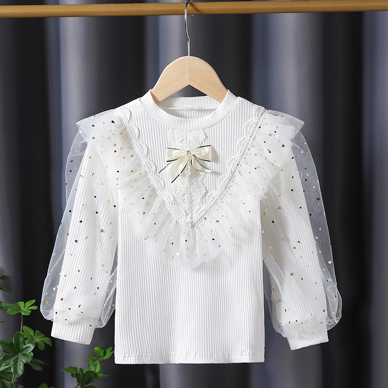 Mädchen Langarmshirt mit dekorativen Tüllärmeln und Spitzenapplikationen EB