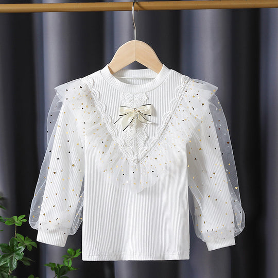 Mädchen Langarmshirt mit dekorativen Tüllärmeln und Spitzenapplikationen EB
