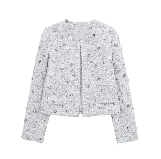 Damen elegante Tweedjacke mit funkelnden Pailletten und strukturiertem Design EB